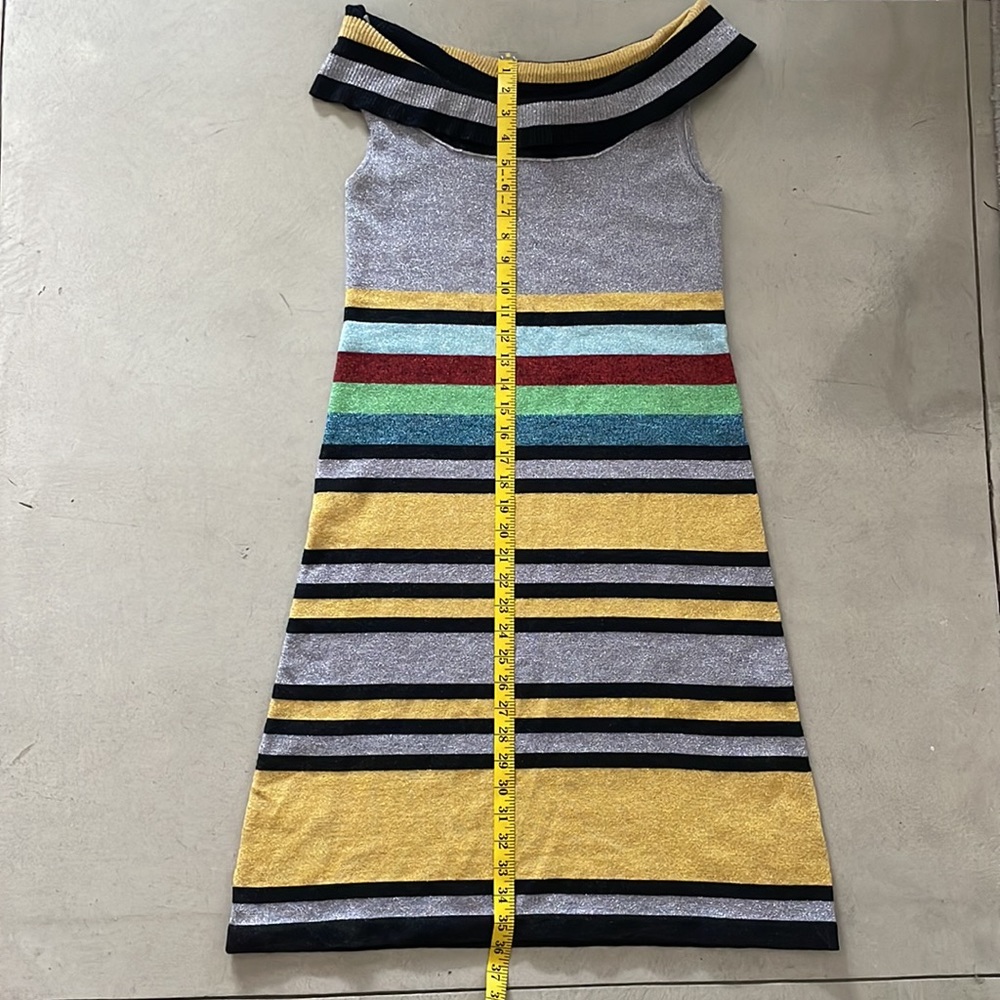 Striped Metallic Knit Off-Shoulder Dress in Yellow & Silver - Picture 5 of 10